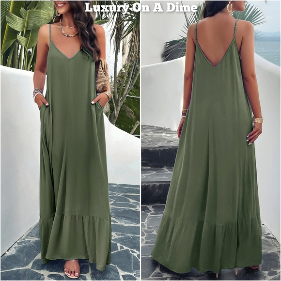 Dresses & Skirts - Oversized Pocket Casual Sleeveless V-Neck Low Back Long Summer Maxi Dress